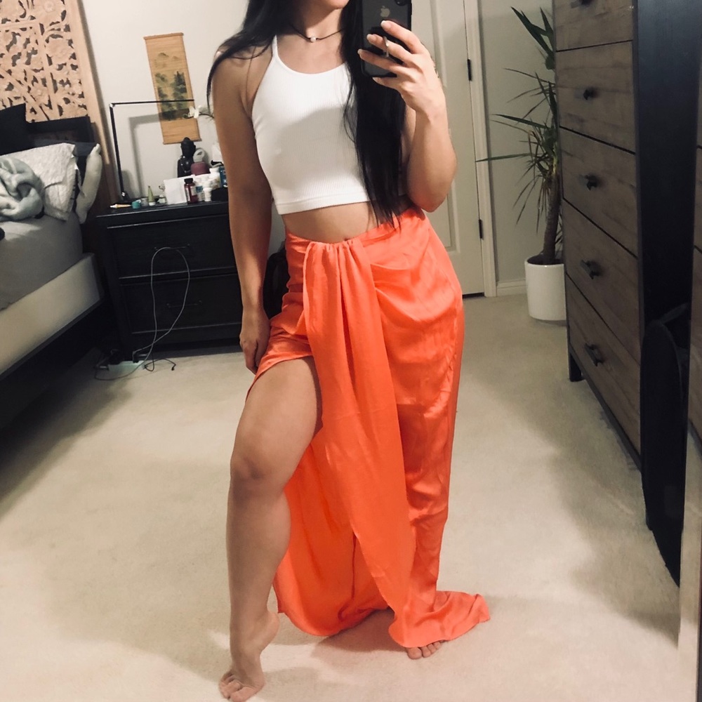 Satin coral beach skirt S Favlux drape Maxi